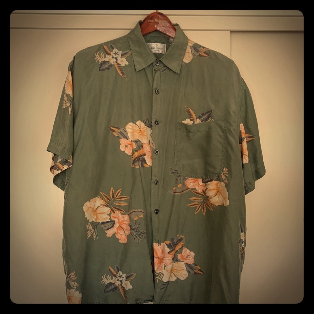 Bill Blass Mens Shirt Green Floral 100% Silk